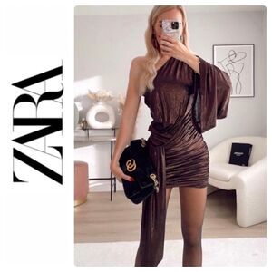 NWOT Zara Blogger’s Favorite Bronze Shiny Asymmetric Shimmer Mini Dress, Medium